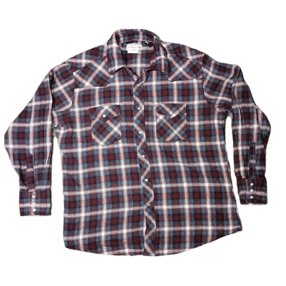 Vintage Wrangler Men's Plaid Pearl Snap Western Flannel Shirt Long Sleeve XL